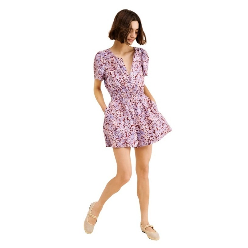 Anthropologie Floral Linen Romper Burgundy Lavender Smocked Waist XL Cottagecore